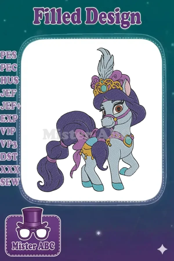 A vibrant embroidery design showcasing a majestic light blue pony with a purple braided tail and a feathered crown.