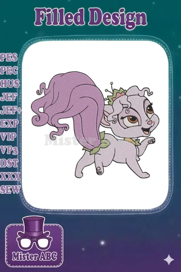 Digital embroidery design of a whimsical lavender squirrel with a large curly tail and a small crown/flower.