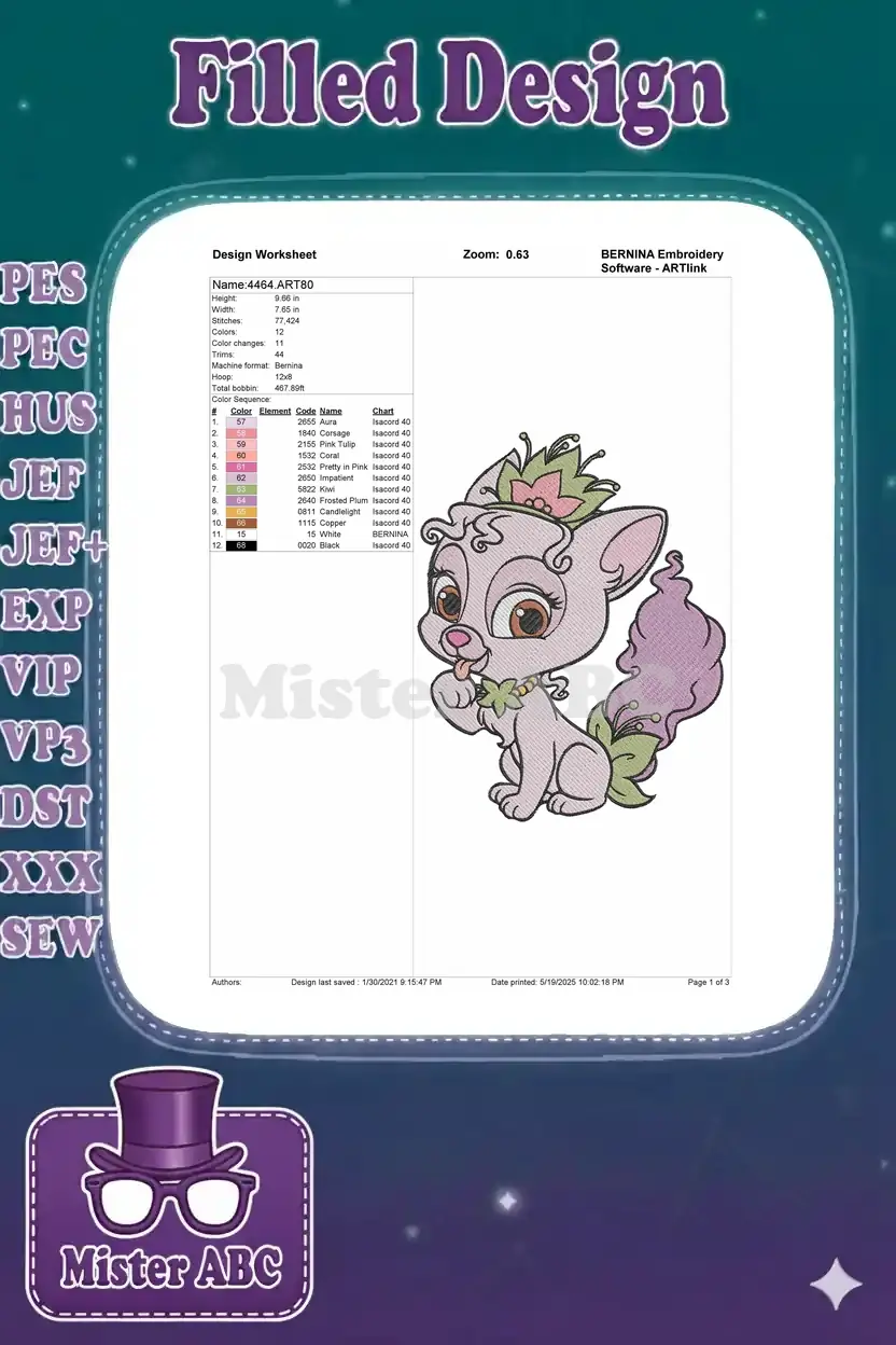 A detailed embroidery design worksheet for 'Name:4464.ART80', showing the Princess Pumpkin design alongside technical specifications including height, width, stitch count, 12 colors, and a comprehensive color sequence chart with thread names and codes.