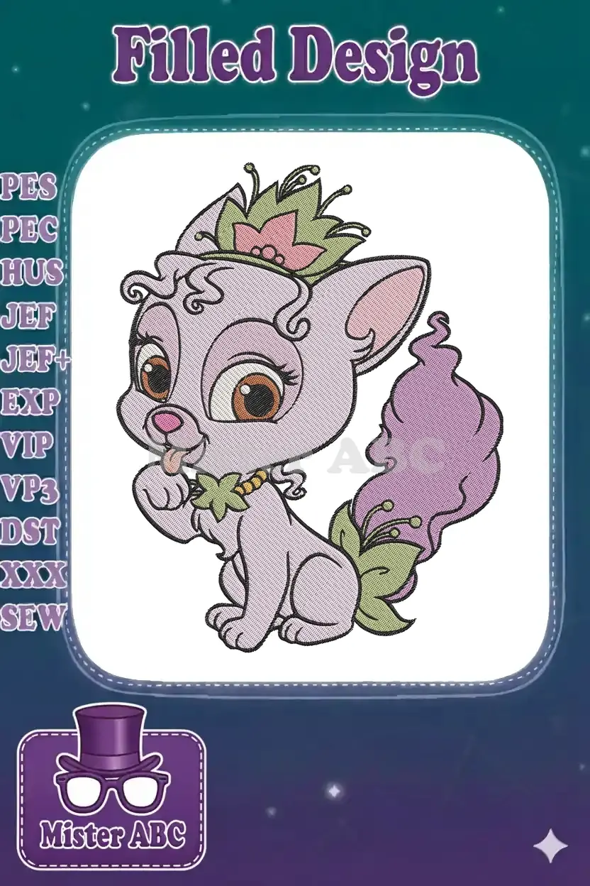 A sweet light purple kitten, Princess Pumpkin, wearing a green crown with a pink flower and a leaf necklace. She has big brown eyes and a playful expression, with her tongue slightly out. Her tail is fluffy and purple with green accents.