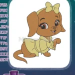 Cute brown puppy with yellow dress and bow embroidery designs - Instant Download