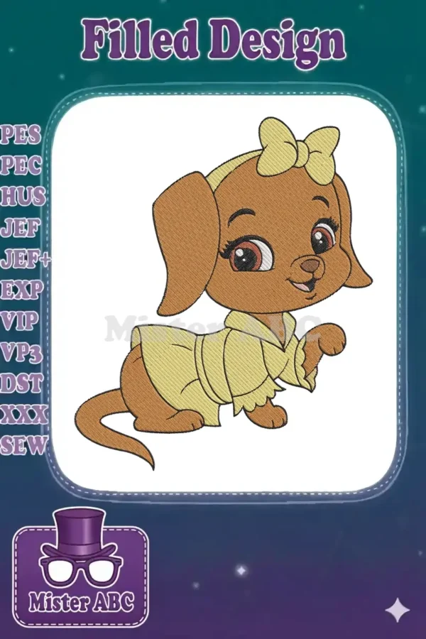 A charming brown puppy embroidery design, adorned with a yellow bow and a matching cozy robe.