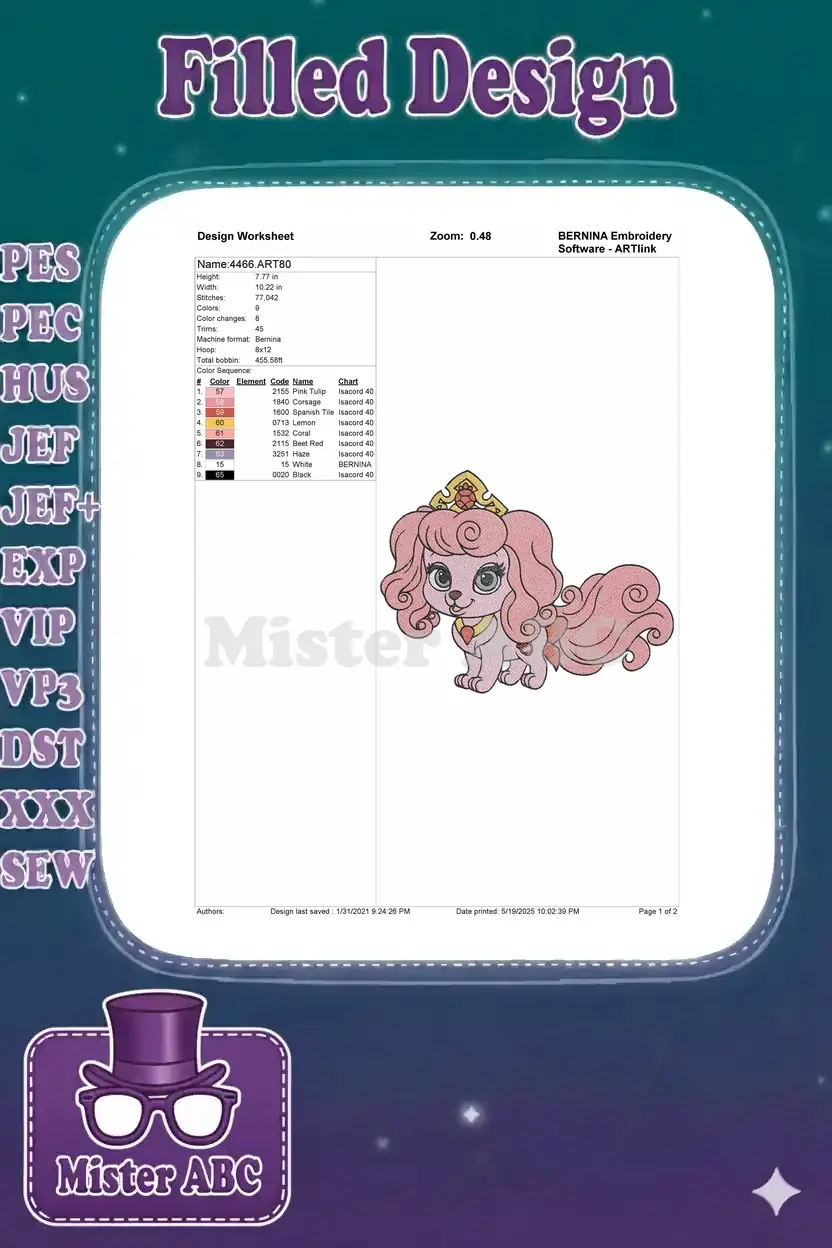 Embroidery design worksheet for the royal pink puppy, detailing dimensions, stitch count, color sequence, and machine info.