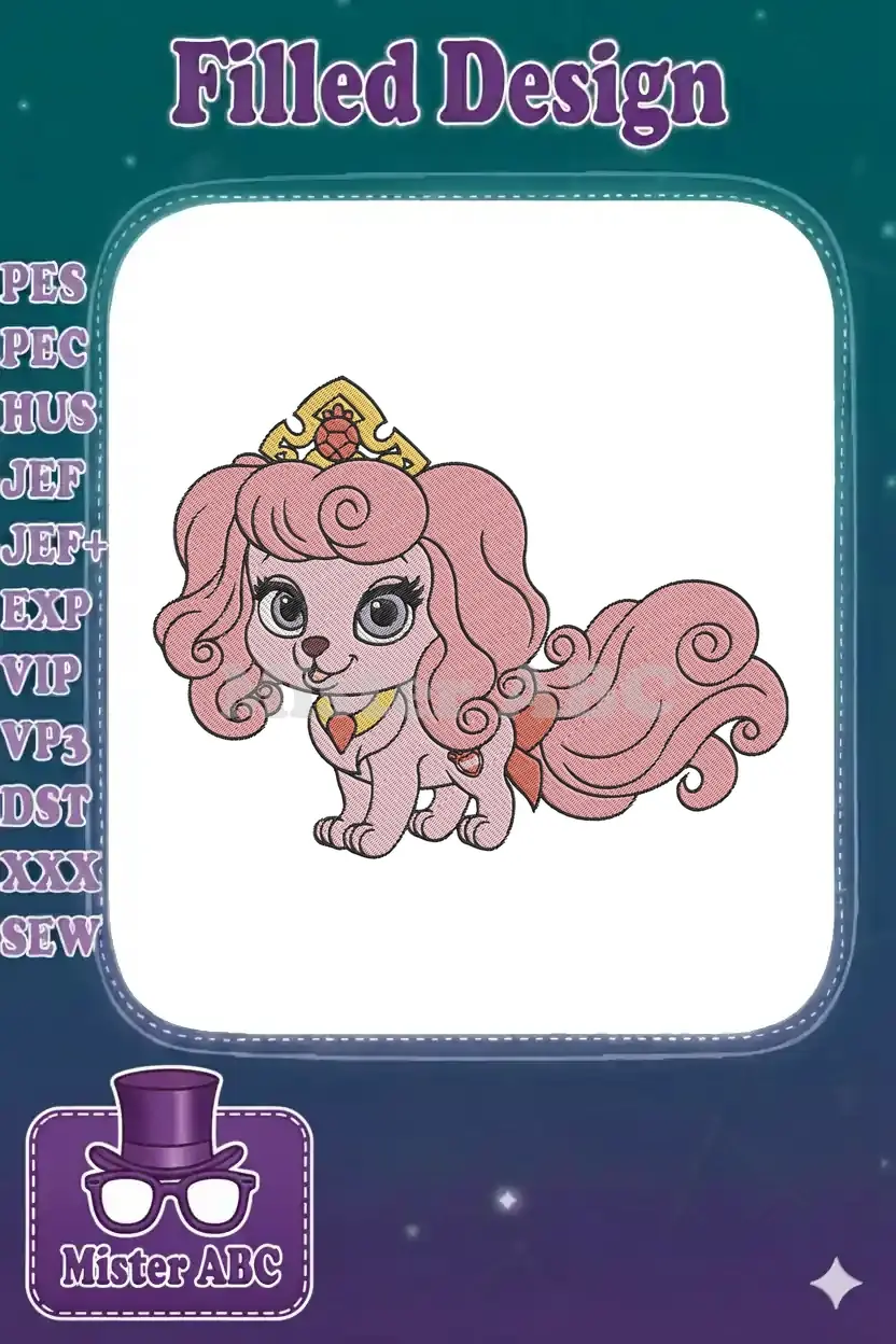 A charming pink puppy embroidery design, featuring long curly hair, a golden crown with a rose, and a heart pendant.