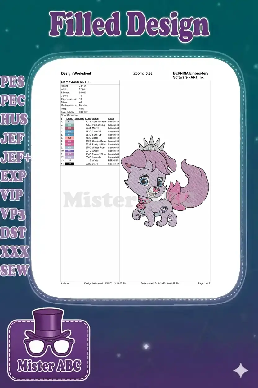 Detailed embroidery design worksheet for Sweetie, showing dimensions, stitch count, color chart, and formats.