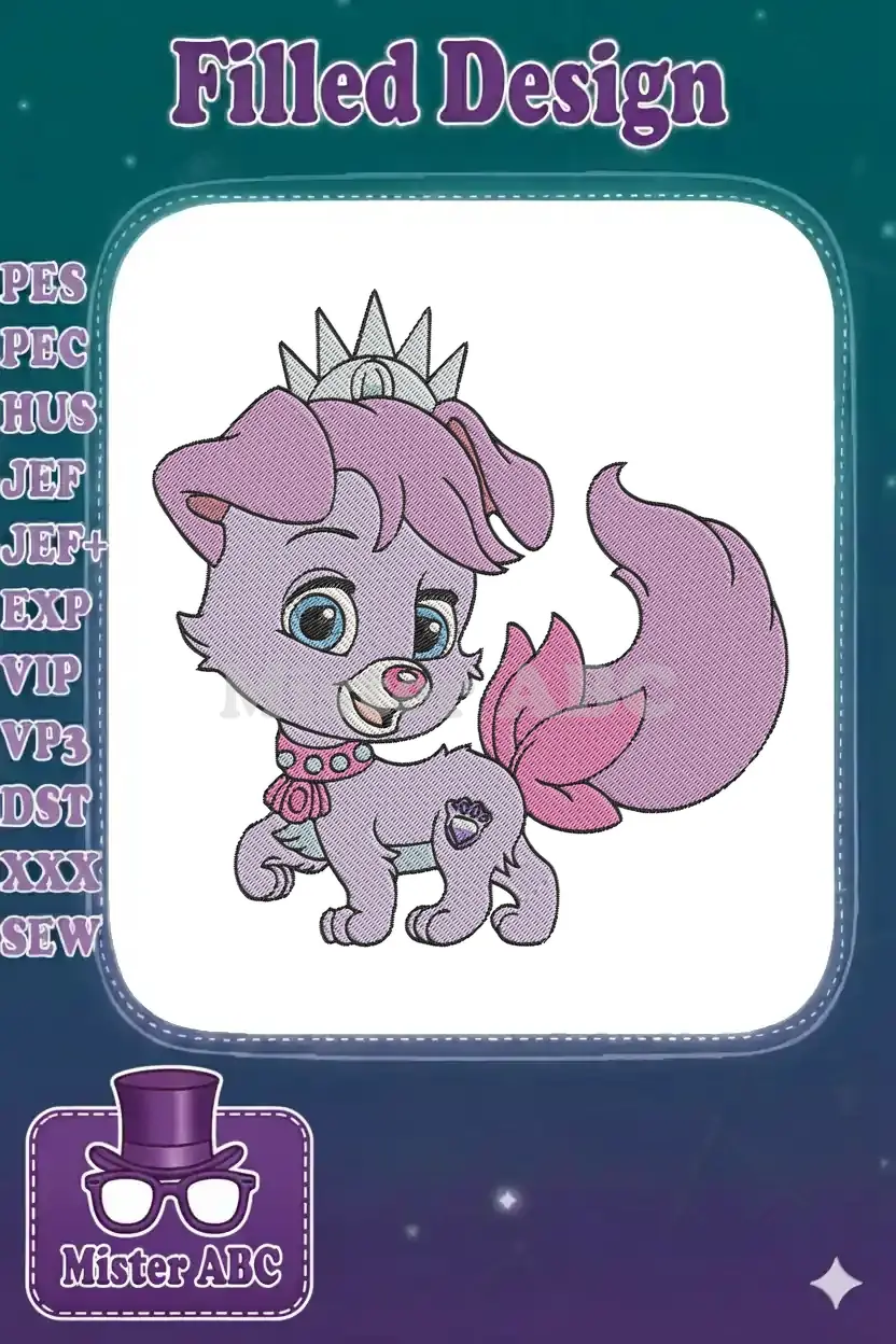 A charming embroidery design of Sweetie from Paw Patrol, a purple puppy with a silver crown and pink accents.
