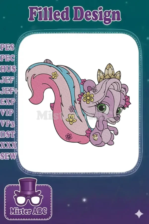 Adorable purple skunk princess embroidery design, featuring a shimmering crown, vibrant floral accents, and a flowing multi-colored tail.