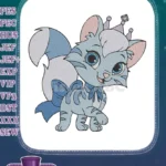 Cute blue princess kitten with crown and bow embroidery designs - Instant Download