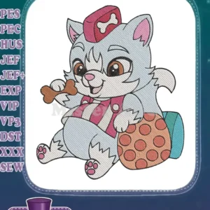 A charming, light blue cartoon cat embroidery design, holding a bone, with a food bowl hat and striped shirt.