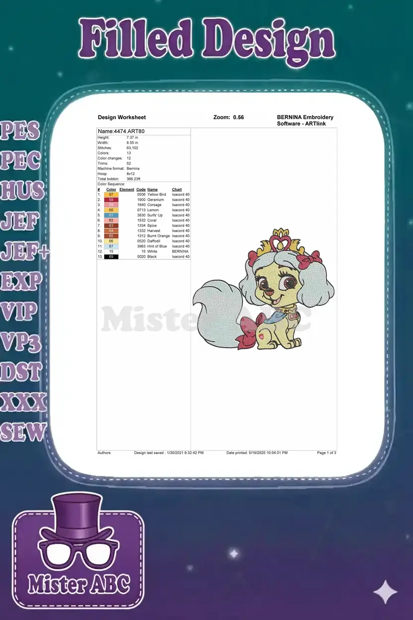 Embroidery design worksheet for 4474.ART80, detailing dimensions, stitch count, color sequence, and machine format.