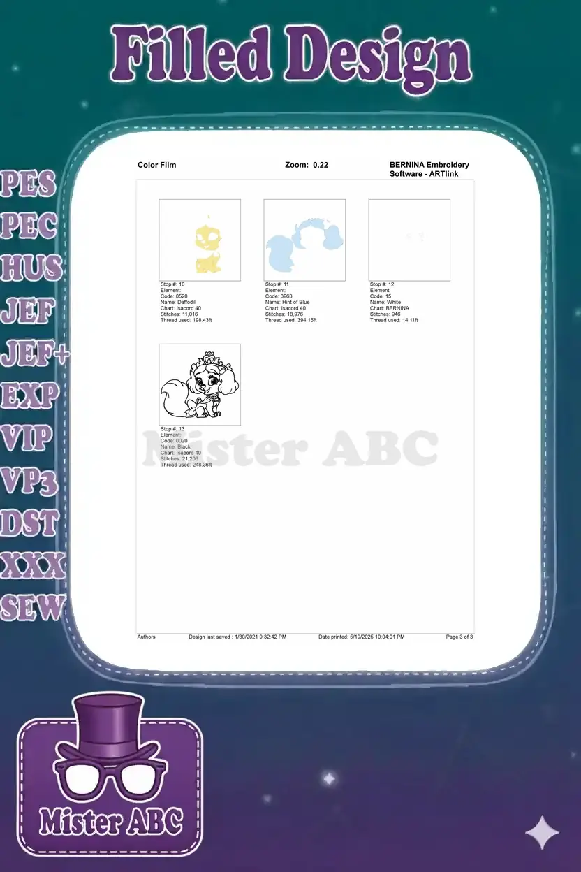 Second page of the embroidery color film, showing the remaining stitch stops and the complete design outline.