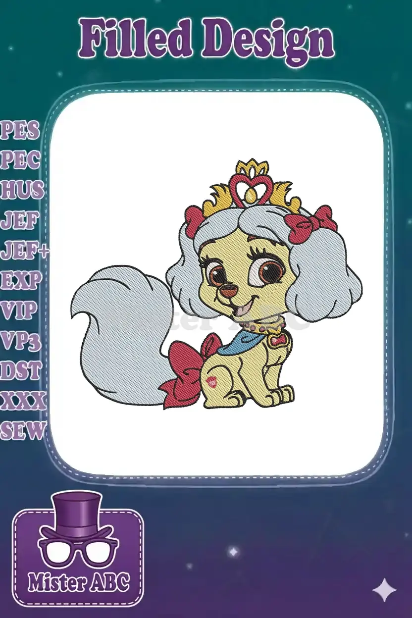 Close-up of an adorable embroidered princess puppy design with light blue hair, a golden crown, and red bows. Features a sweet expression.