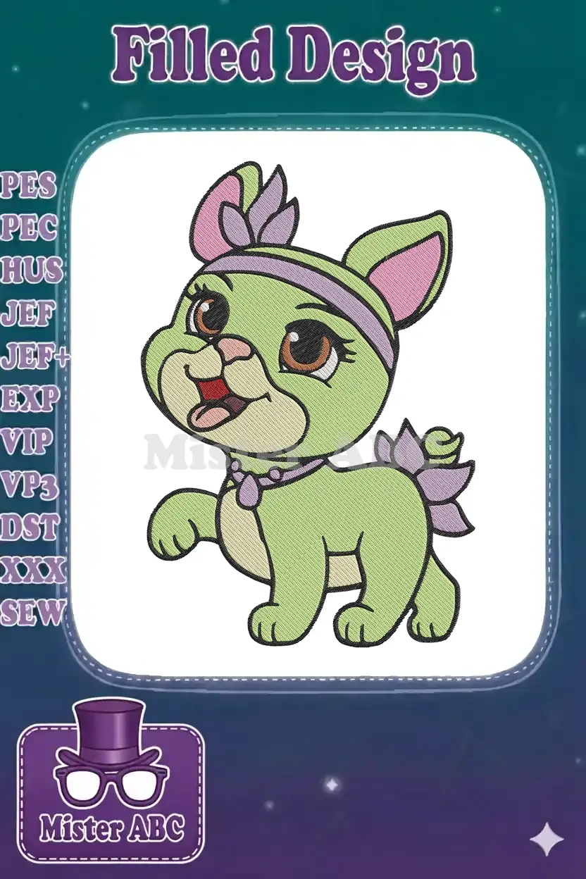 Adorable green puppy embroidery design featuring big brown eyes, a lavender headband, and a cheerful expression.