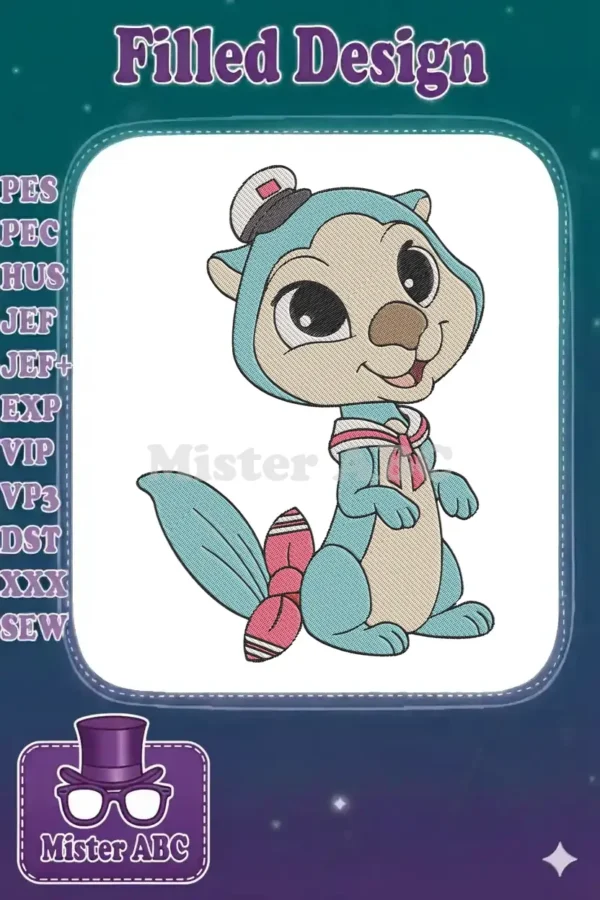 Vibrant embroidery of a cheerful chipmunk sailor, featuring a blue body, beige face, and nautical accessories. Perfect for kids' items.