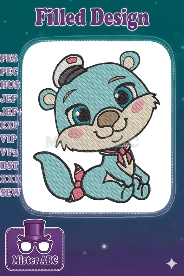 A delightful embroidered baby otter in a sailor hat and pink scarf, featuring vibrant blue fur and large eyes.