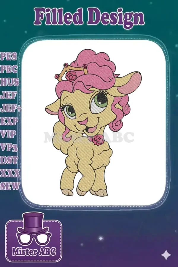 Close-up of a charming embroidered lamb with pink curly hair, a gold crown, and roses, featuring vibrant colors.