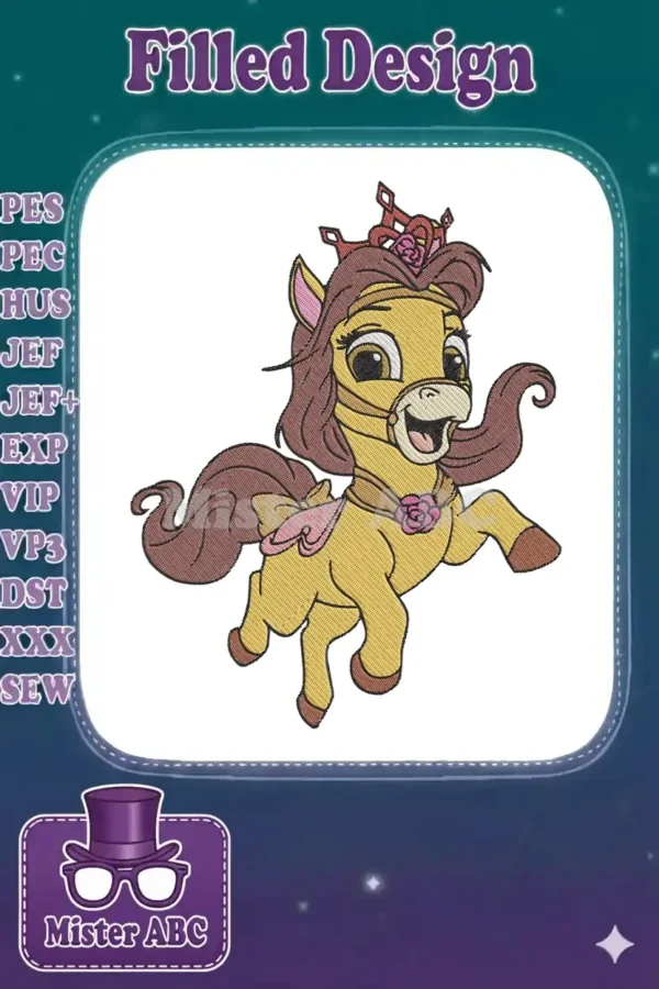 A delightful embroidery of a princess pony with a crown and rose, prancing joyfully. Perfect for kids' apparel.