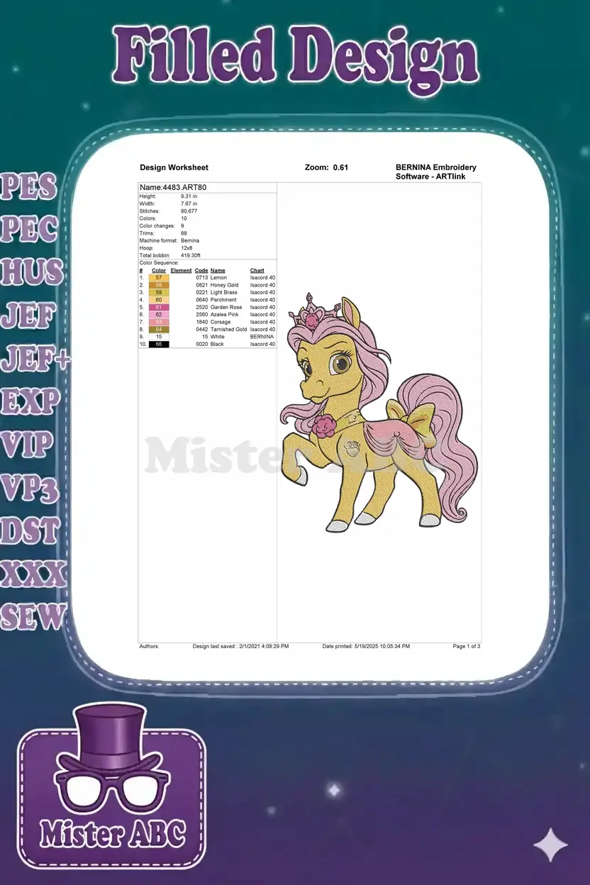 An embroidery design worksheet detailing specifications like height, width, stitch count, colors, and thread chart.
