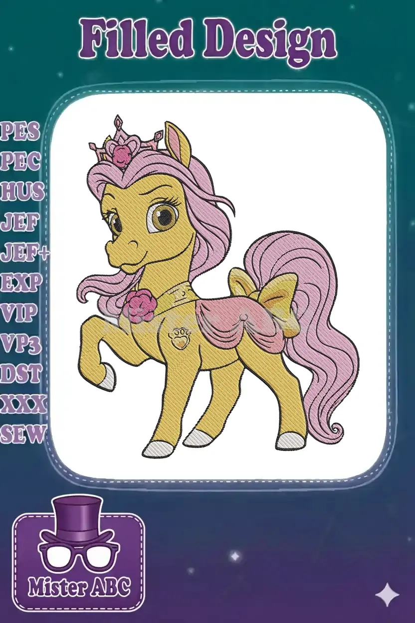 A vibrant digital embroidery design of Princess Pipp Petals, a yellow pony with pink mane, crown, and dress.