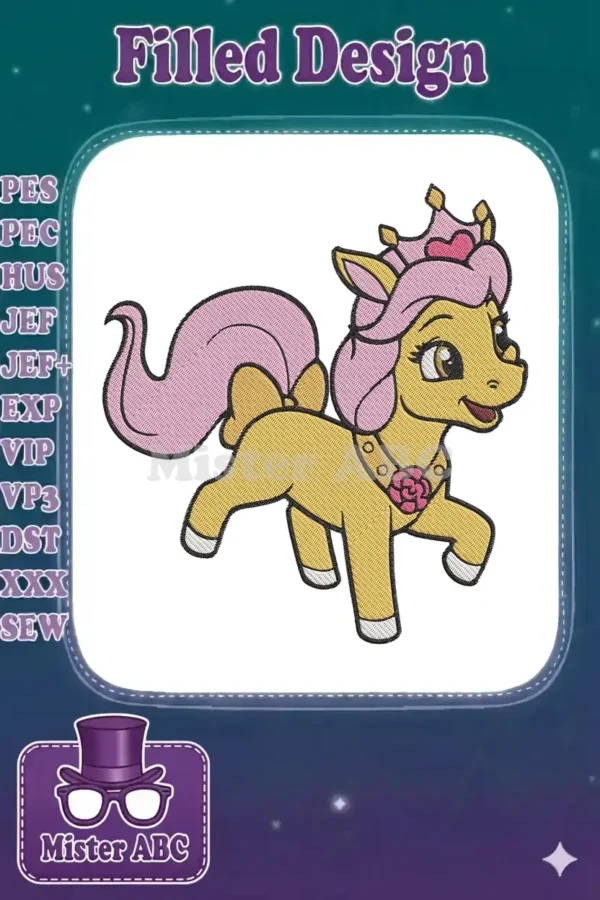 A delightful embroidery of a golden princess pony with a pink mane, tail, crown, and necklace, trotting gracefully.
