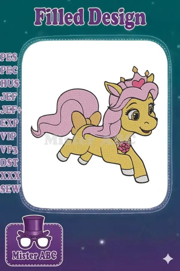 A vibrant embroidery design featuring a golden princess pony with a pink mane, tail, crown, and a floral necklace.