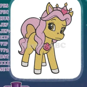 A detailed embroidery design of a golden pony with a flowing pink mane, tail, and a regal heart-shaped crown.