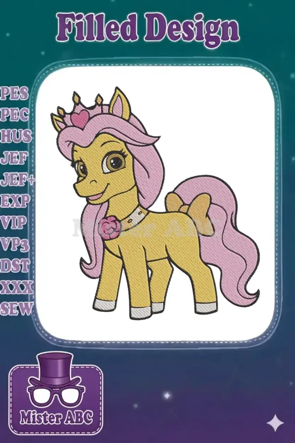 A charming golden princess pony embroidery design with a pink mane, tail, a heart crown, and a rose collar.