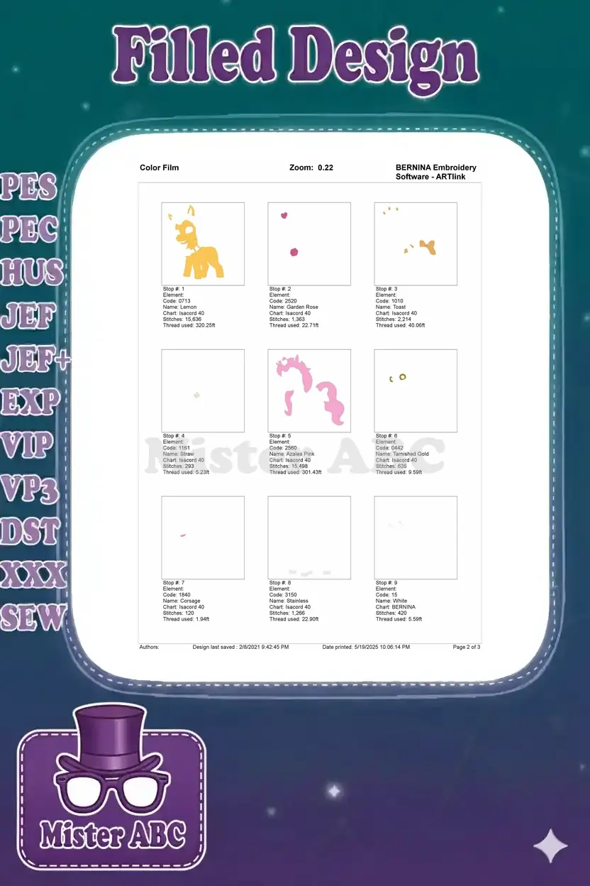Color film breakdown (page 2 of 3) showing individual embroidery stops for the princess pony design.