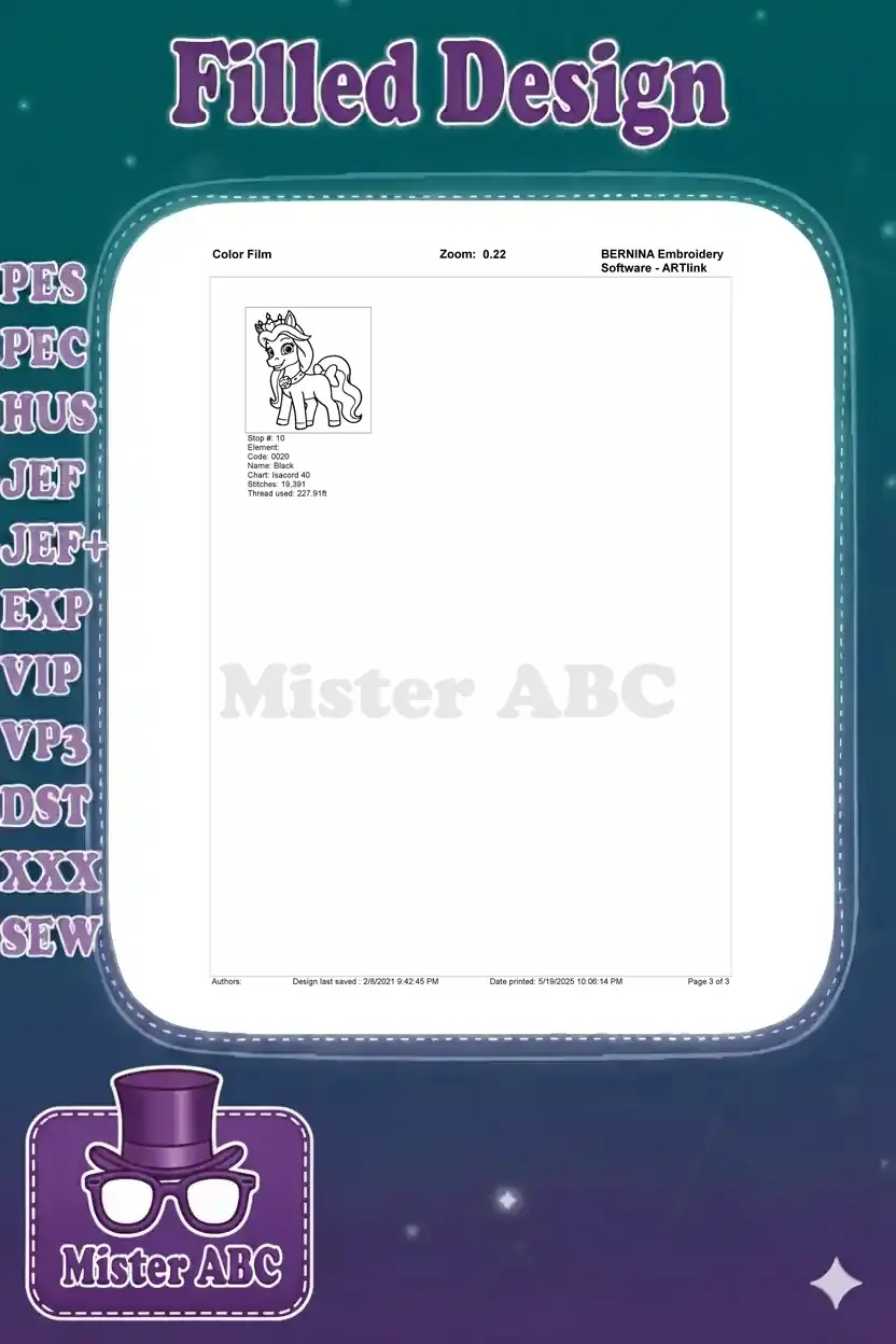 Color film breakdown (page 3 of 3) showing the final black outline stitch stop for the pony design.