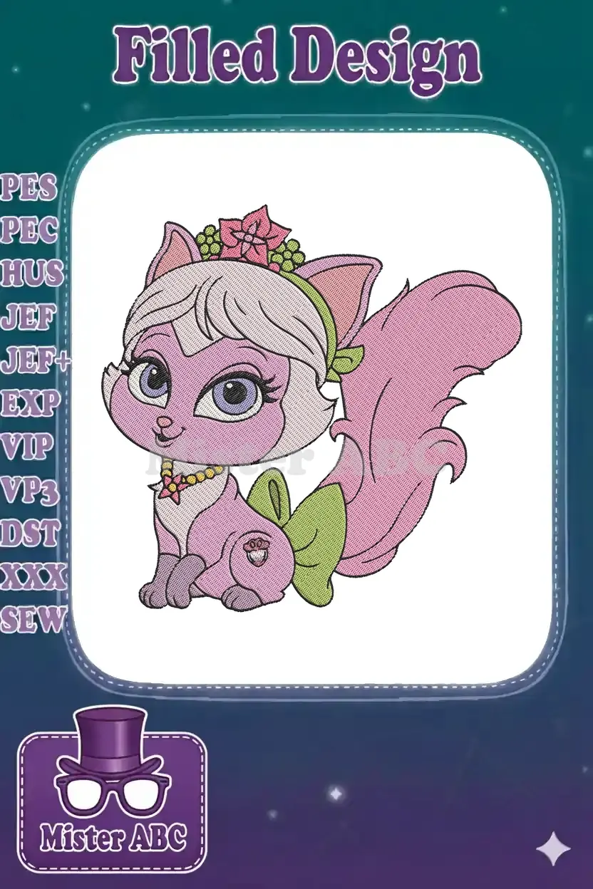 Front view of the adorable Petunia embroidery design, a pink skunk with a flower crown and green bow.
