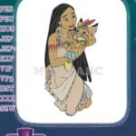 Disney Pocahontas holding Meeko raccoon with feather headband embroidery designs - Instant Download