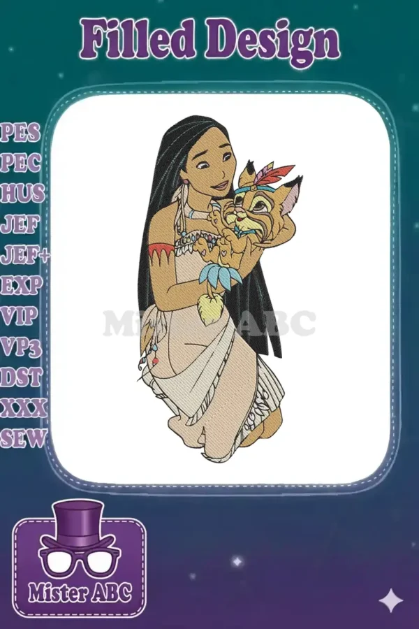 Pocahontas with Meeko embroidery design, featuring detailed fill and satin stitches, vibrant colors.