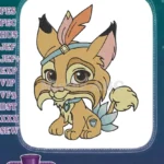 Adorable tribal lynx cub with feather and paw print embroidery designs - Instant Download