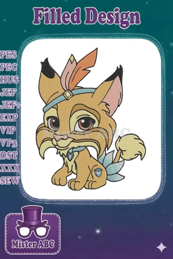 Close-up of a charming Pouncival embroidery design, a cute bobcat-like character with a feather headband.