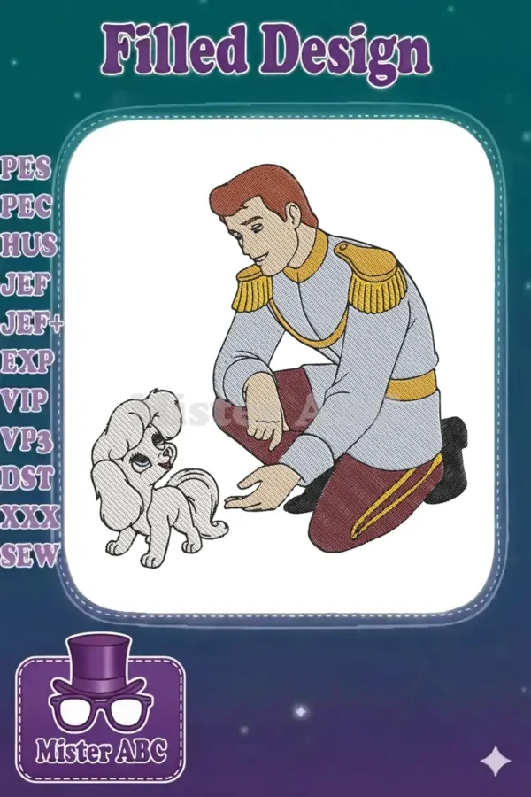 Detailed embroidery design of Prince Charming in his royal uniform, kneeling and gently interacting with a fluffy white puppy.