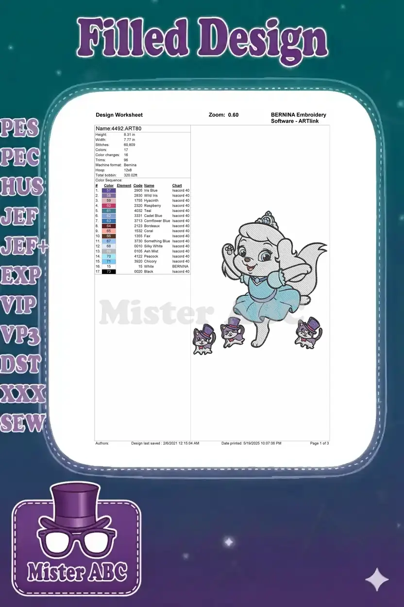 Embroidery design worksheet detailing stitch count, dimensions, color sequence, and thread codes.
