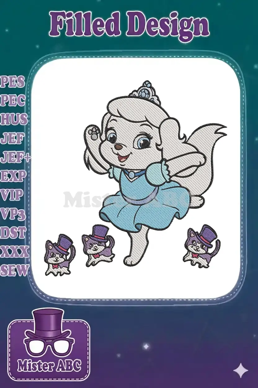 An adorable embroidered princess puppy in a blue dress with three charming magician cats wearing top hats.