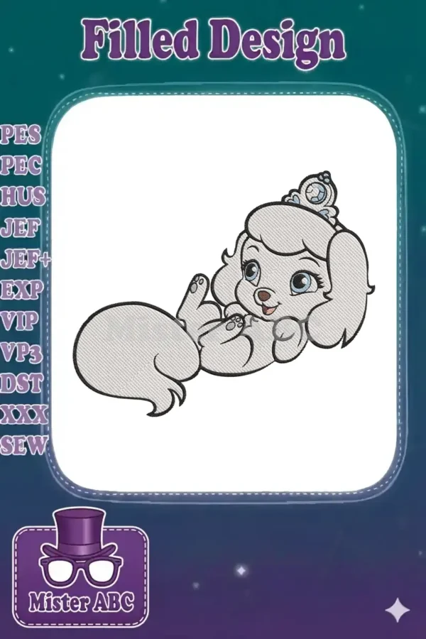 Adorable white puppy embroidery design with blue eyes and a shimmering tiara, lying playfully on its back.