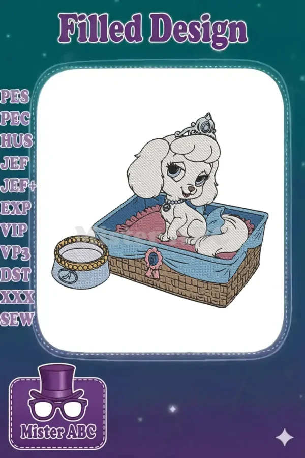 A charming embroidery design of a white puppy wearing a crown, sitting in a blue-lined basket with a food bowl.
