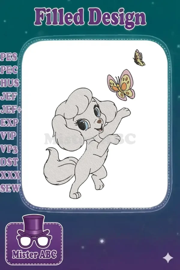 A charming embroidery design featuring a cute cartoon puppy playfully reaching for a colorful butterfly in flight.
