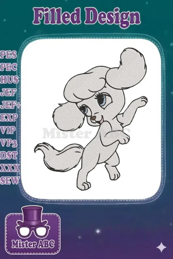 A charming embroidery design of a cute white puppy with big ears, blue eyes, and a playful, prancing stance.