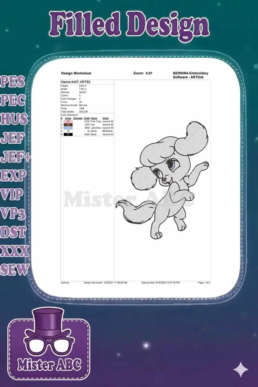 A detailed embroidery design worksheet for the cute puppy, showing dimensions, stitch count, and thread colors.