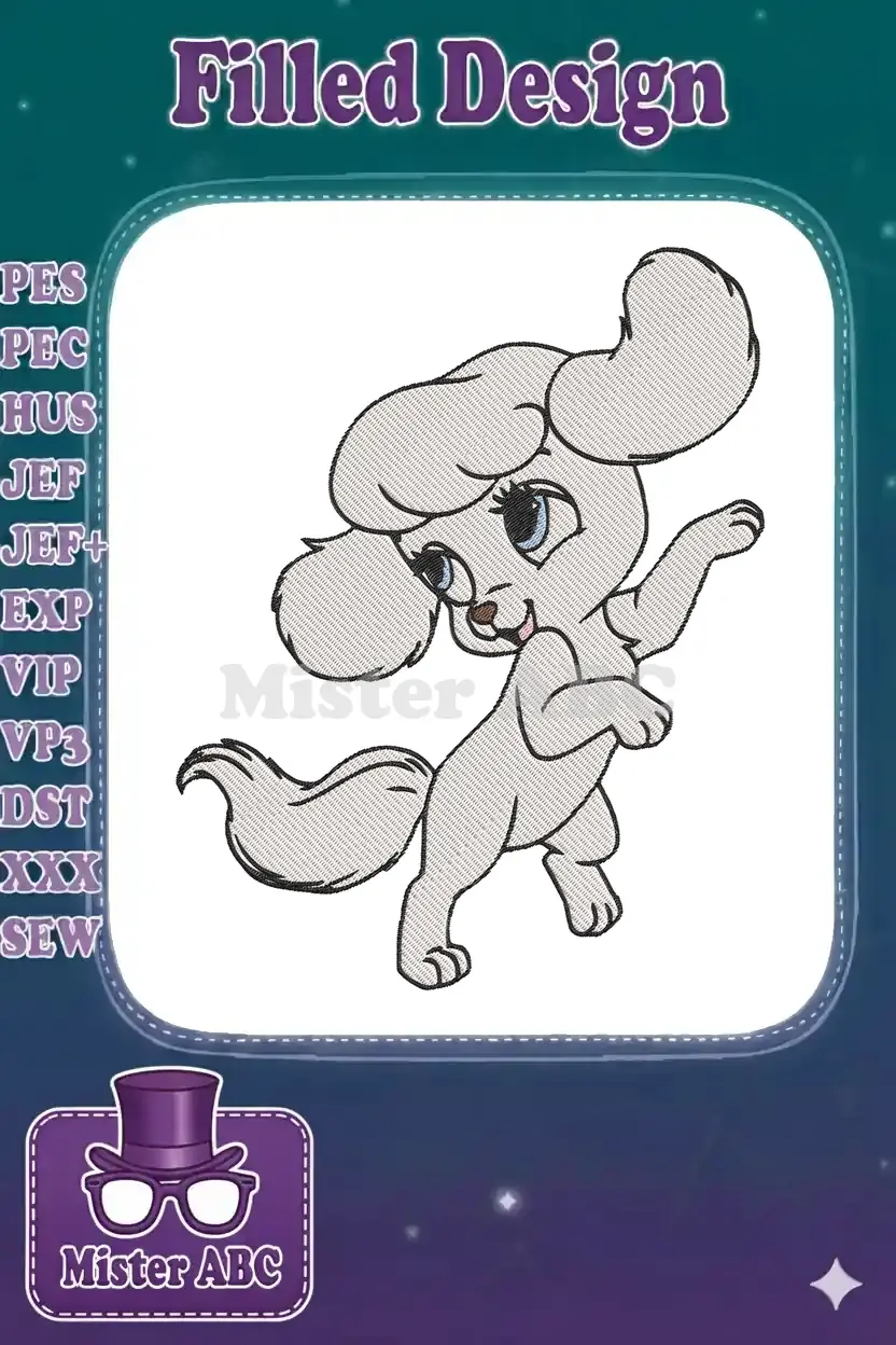 A charming embroidery design of a cute white puppy with big ears, blue eyes, and a playful, prancing stance.