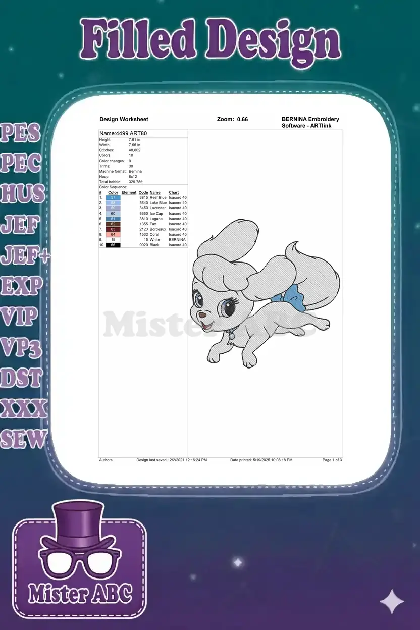 BERNINA embroidery design worksheet for design 4499, detailing dimensions, stitch count, and thread color sequence.