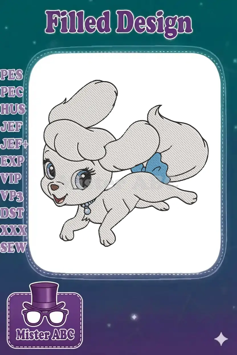 Close-up of a charming white puppy embroidery design, featuring big blue eyes, a playful stance, and a sweet blue bow on its tail.