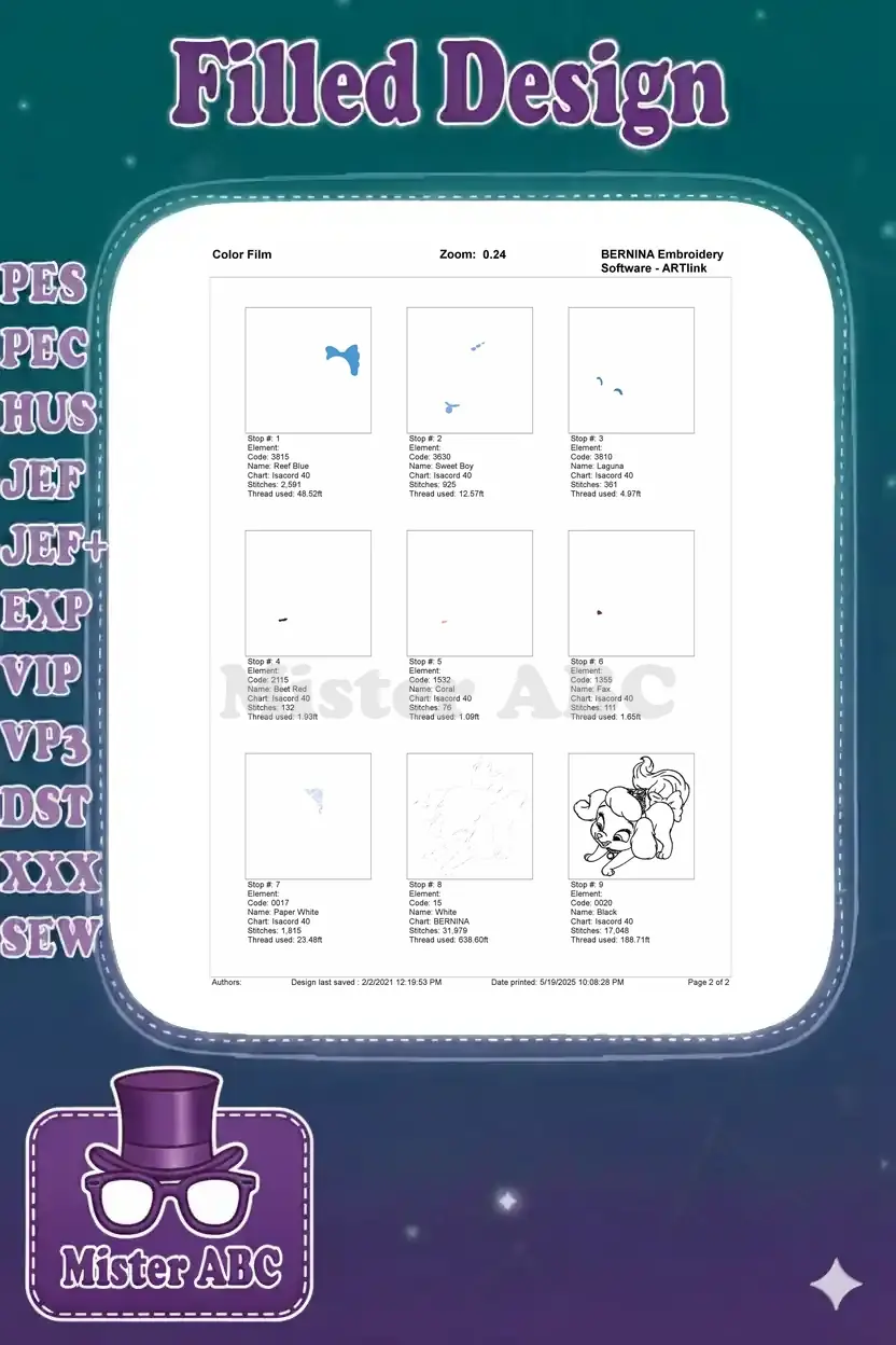 Color film breakdown for the puppy embroidery design, illustrating stitch order and individual color elements for production.
