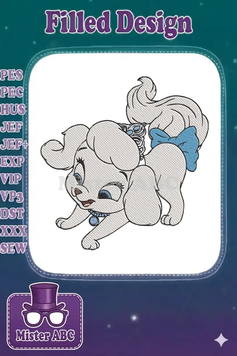 A charming white puppy embroidery design in a playful pose, featuring a blue bow on its tail and a cute blue necklace.