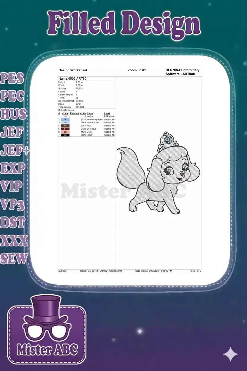 Embroidery design worksheet for Pumpkin, detailing dimensions, color sequence, thread types, and stitch count.
