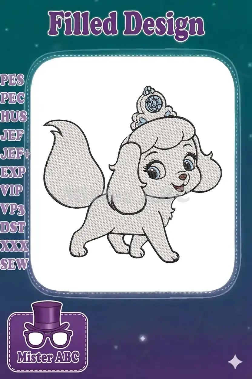 A charming embroidery design featuring Pumpkin, Cinderella's white puppy, wearing a blue tiara, on a white background.