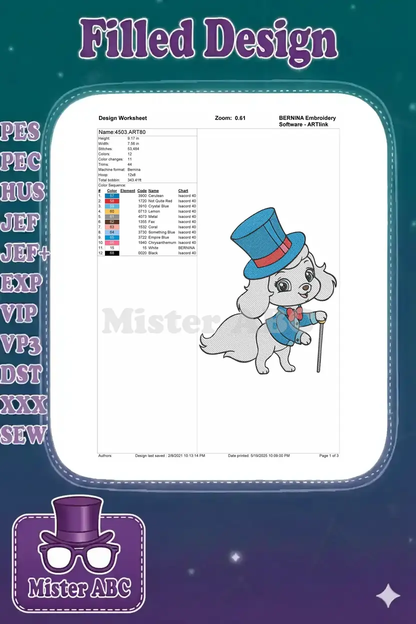 Embroidery design worksheet for the dapper puppy, detailing stitch count, dimensions, and color sequence.